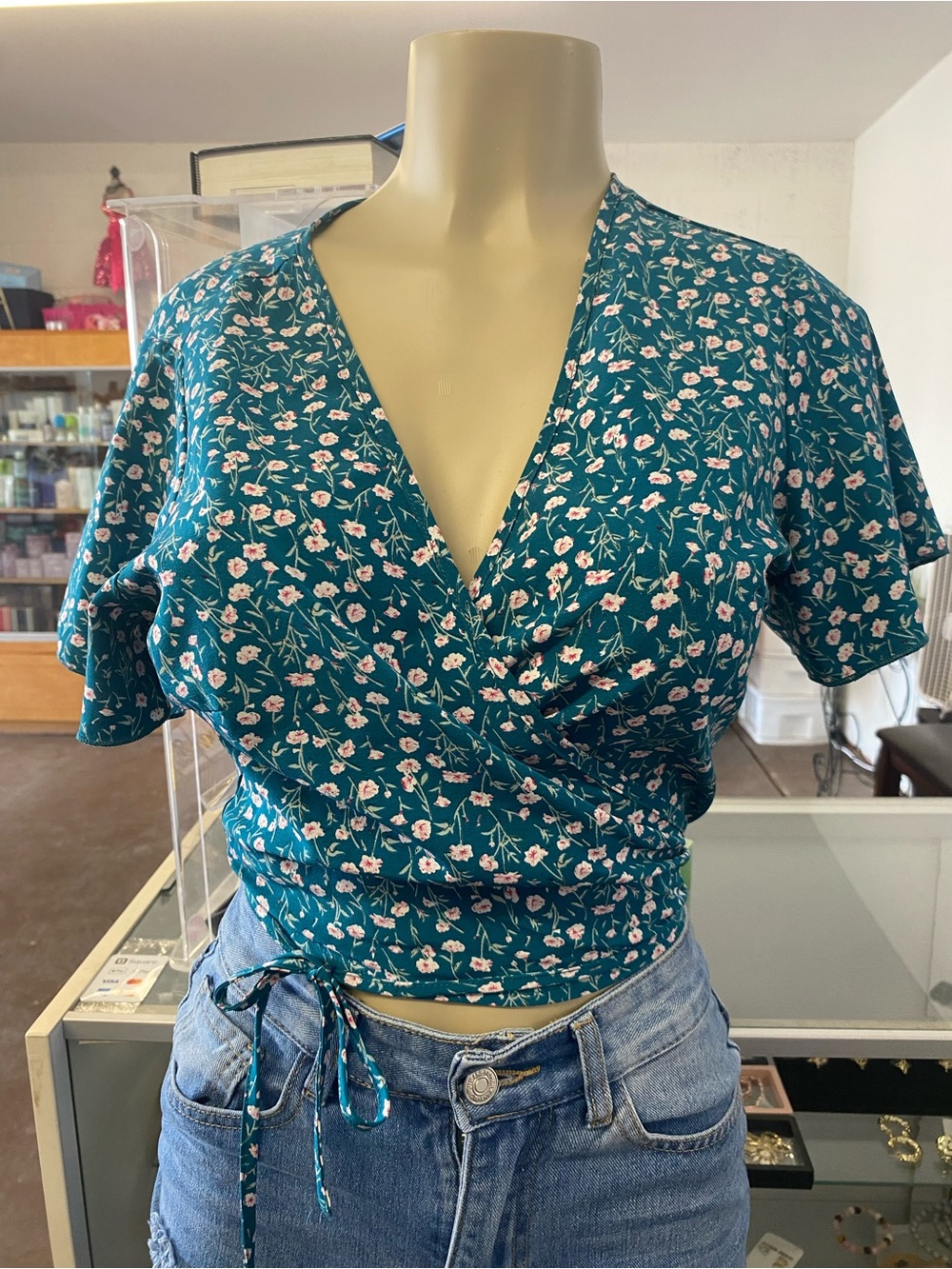 SHEIN Teal Floral Wrap Crop Top